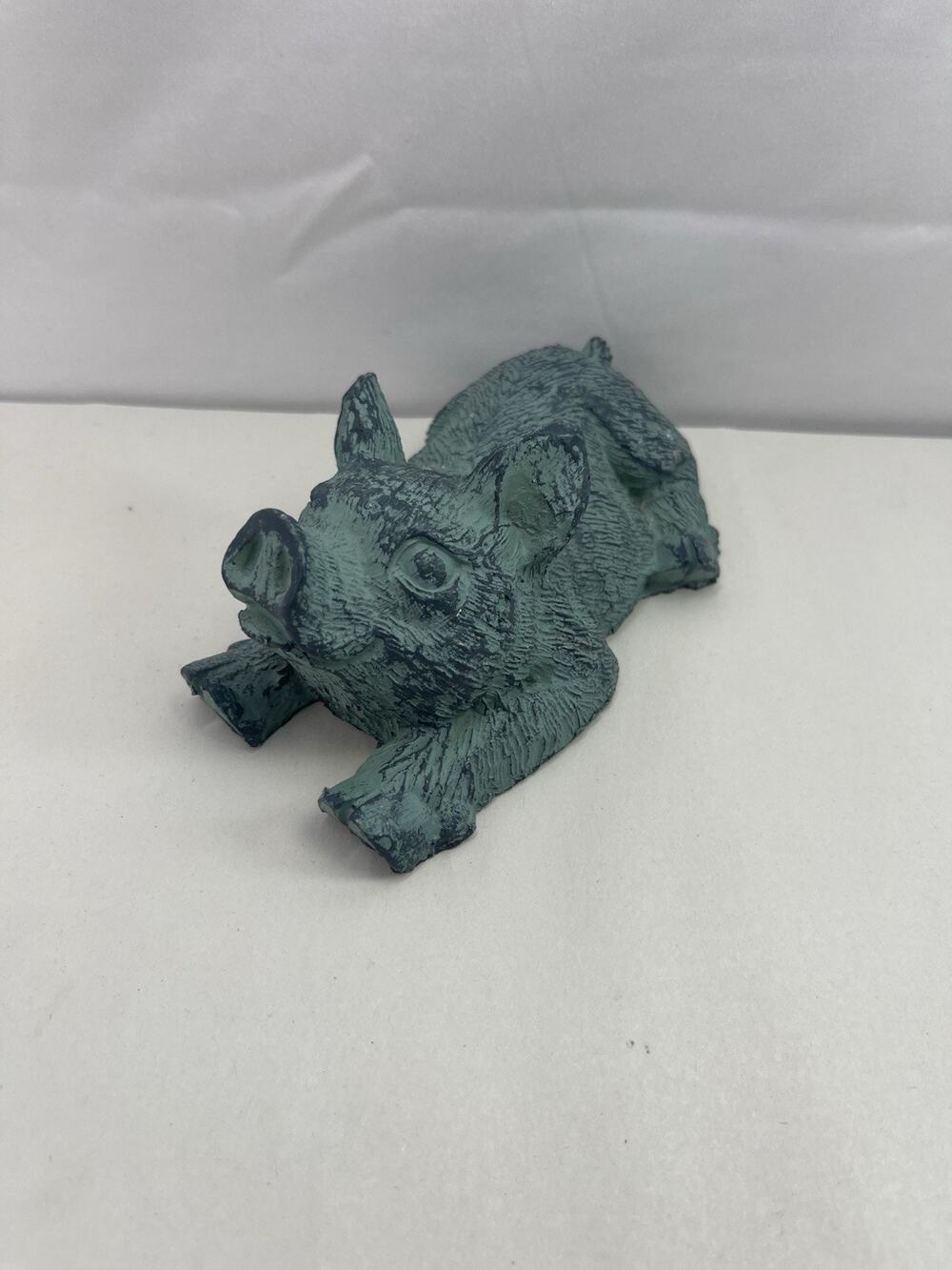 Vintage Style Cast Iron Pig Statue Green Patina Farmhouse Table Decor